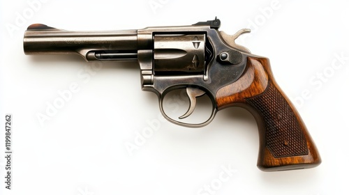 A detailed firearm with engraved patterns on its metal body, highlighting craftsmanship, displayed from a side perspective on a plain white surface. photo