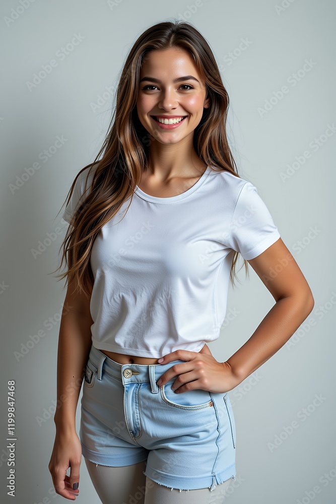 Attractive Young Woman in White T Shirt and Light Blue Denim Shorts Smiling Attractive Young Woman in White T Shirt and Light Blue Denim Shorts Smiling