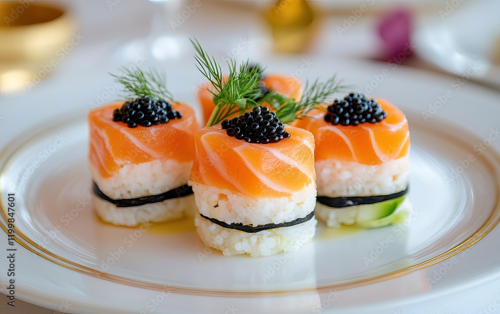 Elegant sushi rolls topped with salmon and caviar on a fine dining plate. Elegant sushi rolls topped with salmon and caviar on a fine dining plate.