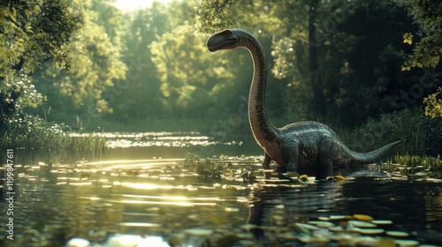 Prehistoric dinosaur wading in a lush forest wetland. Sunlight filters through the trees. photo