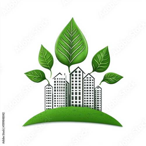 Eco-Friendly City Concept with Green Leaves Growing Over Stylized Urban Skyline on Natural Background