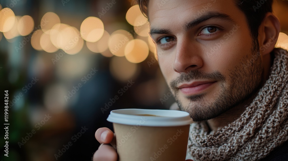 Closeup of man holding coffee cup with contemplative gaze Closeup of man holding coffee cup with contemplative gaze