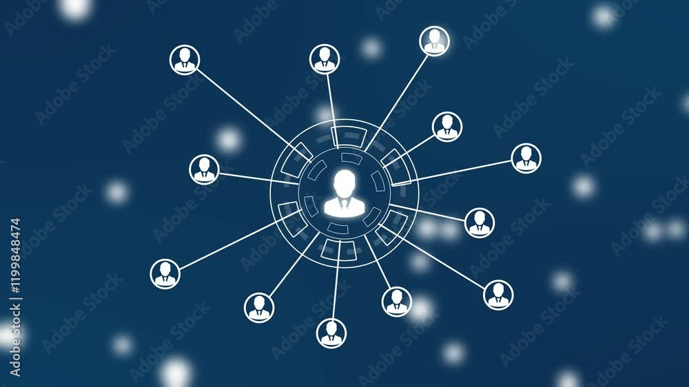 Animation of network of connections with people icons with glowing spots Social networking service concept. Global communication network Business people social network and business connections Animation of network of connections with people icons with glowing spots Social networking service concept. Global communication network Business people social network and business connections