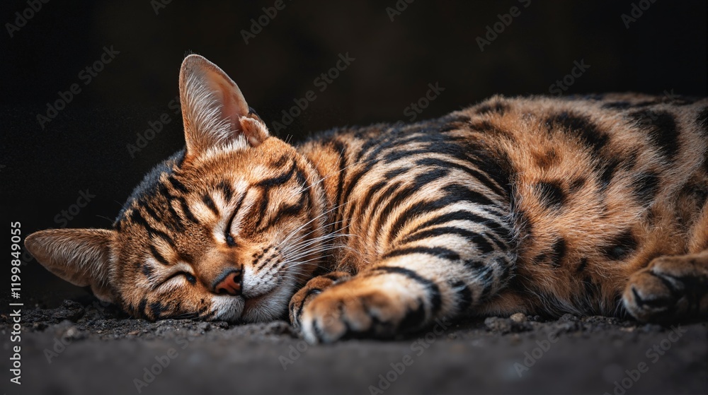 Fototapeta premium Striped cat lying on black surface. Cat sleeping, close-up. Generative AI.