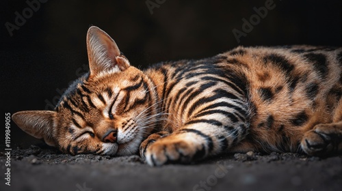 Wallpaper Mural Striped cat lying on black surface. Cat sleeping, close-up. Generative AI. Torontodigital.ca