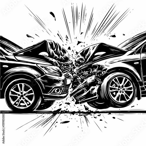 Black and white vector illustration of a head-on collision between two cars