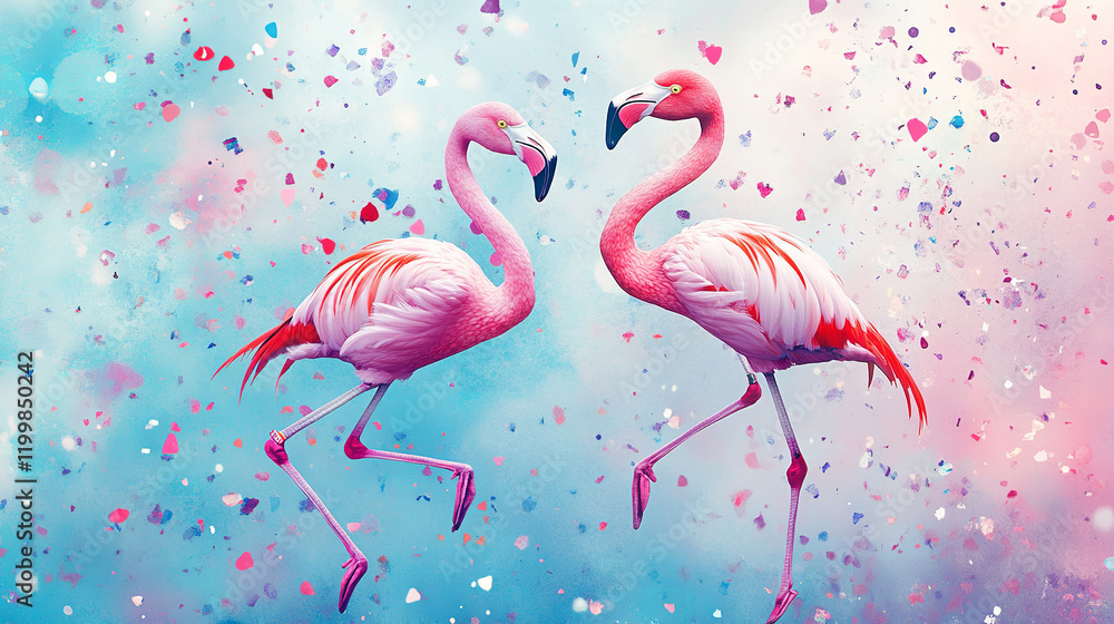 Obraz premium The image features two pink flamingos with red tips on their feathers and legs, set against a background of blue and pink hues, adorned with colorful confetti-like specks
