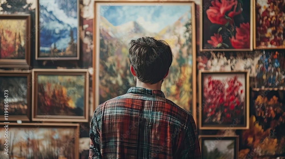 Man Viewing Art Gallery Paintings Collection Man Viewing Art Gallery Paintings Collection