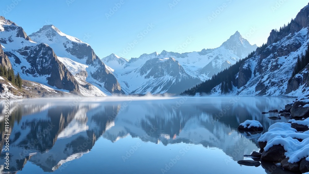 Fototapeta premium Snow-capped mountains embrace a serene mountain lake, its surface mirroring the sky. Snow blankets nearby rocks, enhancing the tranquil, untouched landscape