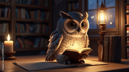 A whimsical 3D cartoon owl with glasses indulges in a book, surrounded by vibrant library shelves, creating a playful atmosphere ideal for children's stories and learning resources. photo