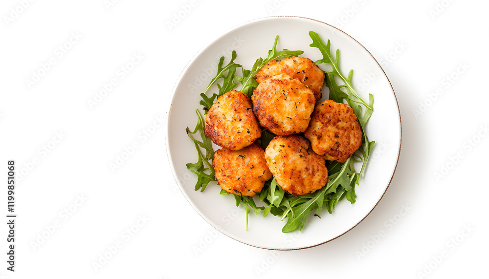 Top view, isolated on white background, of a plate of crab cakes Top view, isolated on white background, of a plate of crab cakes