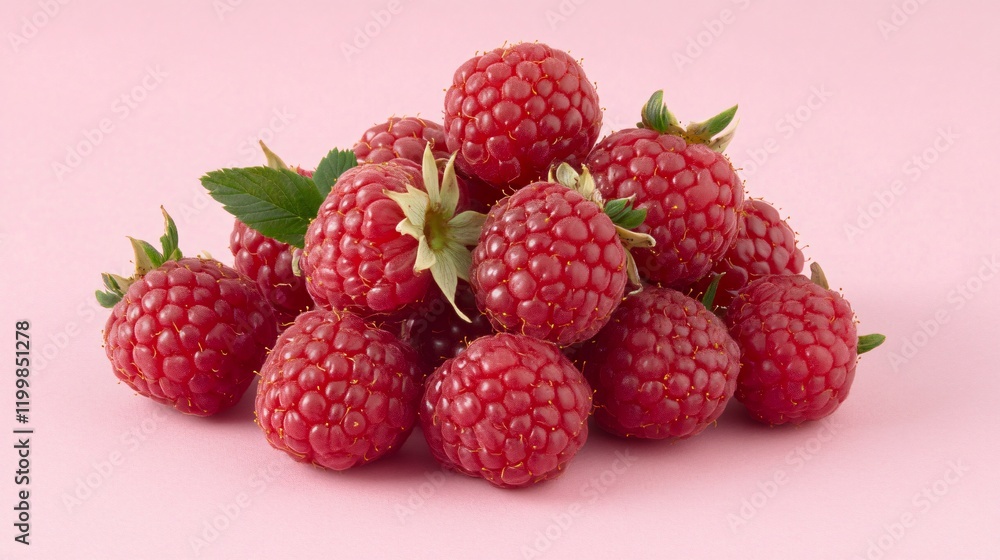 A cluster of ripe raspberries with a soft matte finish, isolated on a pastel pink surface