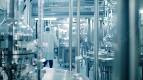 A sophisticated industrial biopharmaceutical production facility with scientists conducting cell culture experiments for developing new therapies, Biopharmaceutical production scene