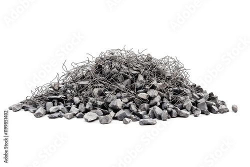 Pile of rubble and rebar isolated on white background. photo