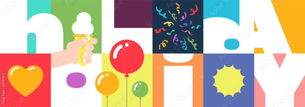 Fototapeta premium Vibrant festive banner featuring bold geometric designs and cheerful colors. Modern graphic template perfect for party invitations, event flyers, holiday celebrations and creative social gatherings