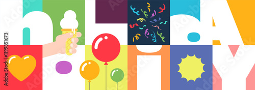 Vibrant festive banner featuring bold geometric designs and cheerful colors. Modern graphic template perfect for party invitations, event flyers, holiday celebrations and creative social gatherings