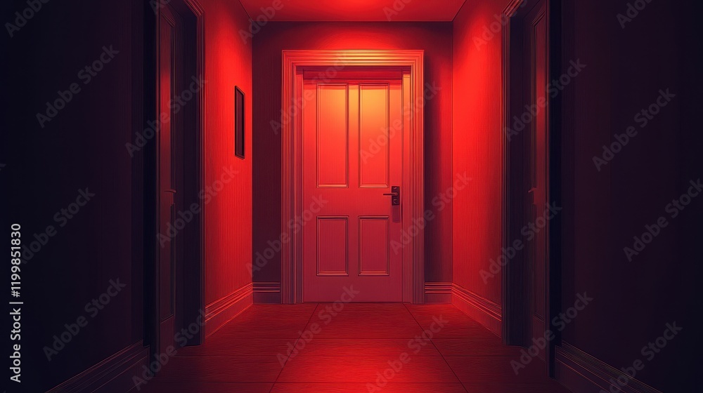 Red lit hallway with closed door and adjoining rooms Red lit hallway with closed door and adjoining rooms