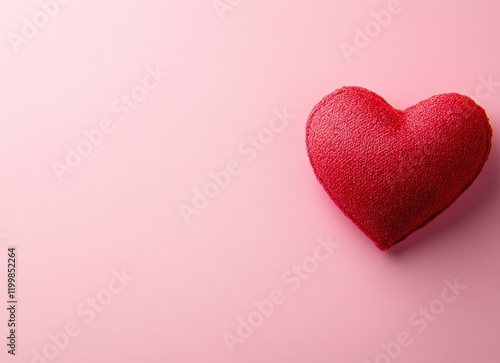 Valentine's Day concept with a red heart and envelope on a pink background, in a flat lay top view. Flat design.