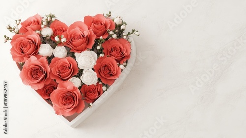 A bouquet of red and white roses in a heart shape