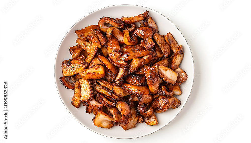 Top view, isolated on white background, of a plate of grilled octopus Top view, isolated on white background, of a plate of grilled octopus