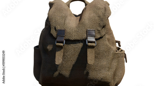 A detailed 3D model of a textured backpack with visible straps and a smooth finish displayed centrally on a transparent background  photo