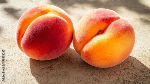 A pair of peaches with fuzzy skin and vibrant orange hues, on a minimalist beige surface photo