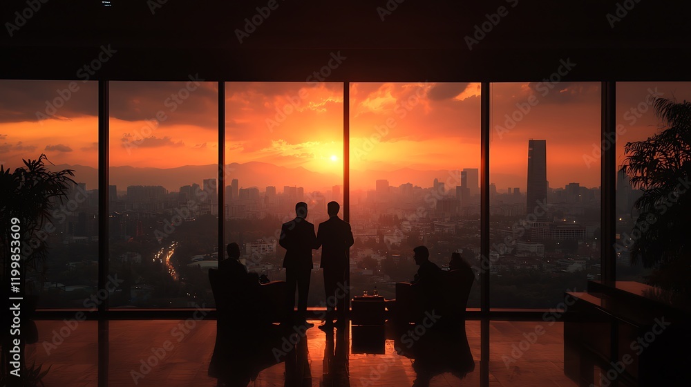 Fototapeta premium Business professionals silhouetted against a sunset skyline, engaging in a handshake while others observe