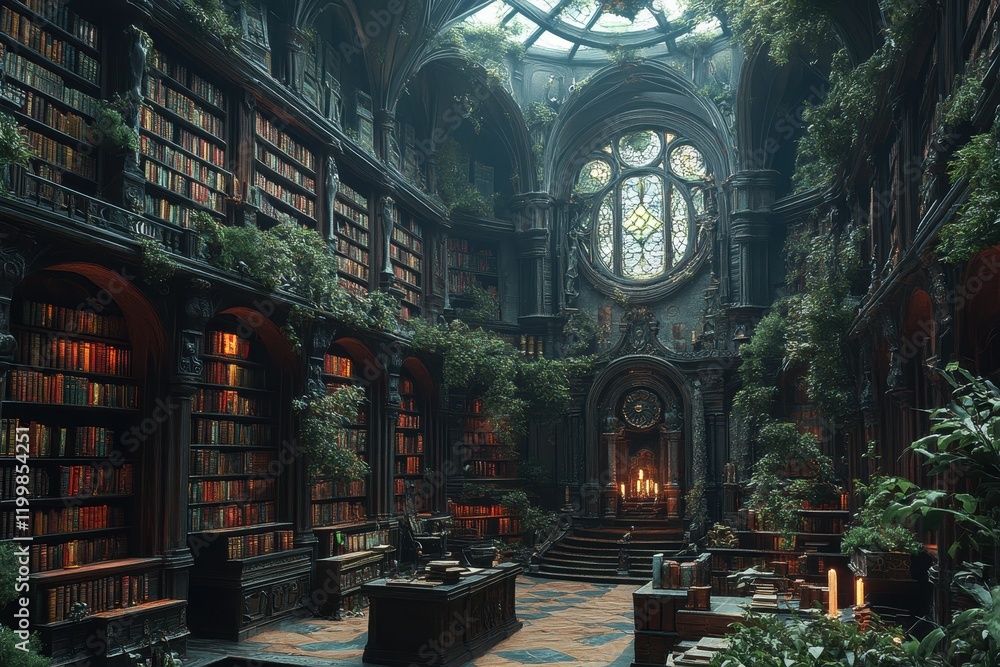 Obraz premium Mystical library filled with ancient books surrounded by lush greenery and soft candlelight during twilight hours