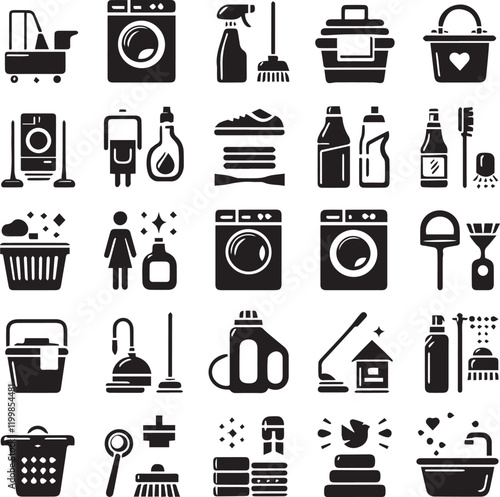 Cleaning and hygiene icons. Large set of cleaning and hygiene trendy minimal icons. Gloves, Spray Bottle, Sponge, Mop icon. Design signs for web page, mobile app, packaging design. Vector illustration
