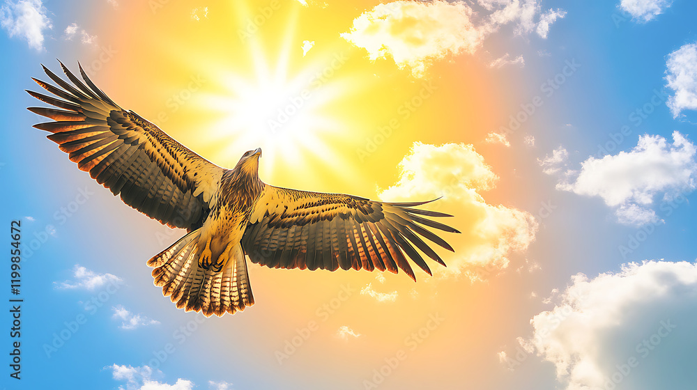 Obraz premium Majestic eagle soaring through a vibrant sunset sky, wings outstretched, bathed in golden sunlight. A symbol of freedom, power, and hope.