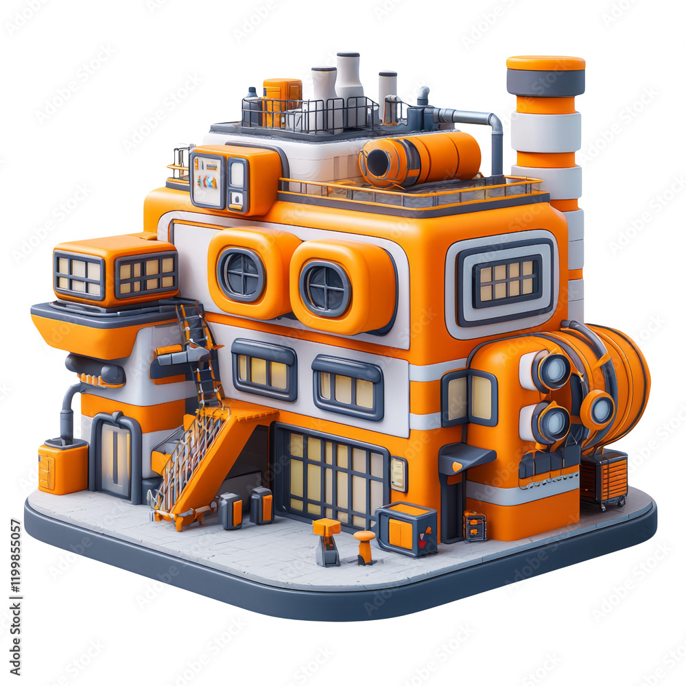Fototapeta premium Colorful Industrial Building with Pipes and Windows on Transparent Background