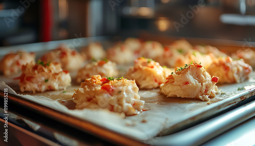 Macro closeup of raw uncooked crab crabmeat fish cakes on parchment paper of baking oven tray in kitchen with herns