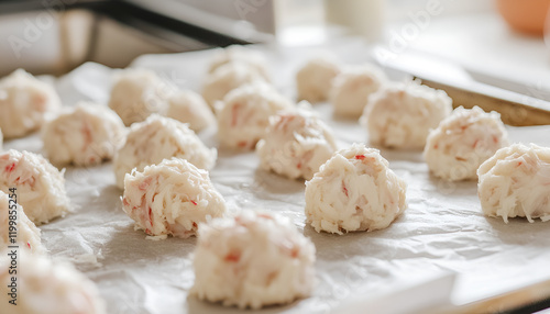 Macro closeup of raw uncooked crab crabmeat fish cakes on parchment paper of baking oven tray in kitchen with herns photo