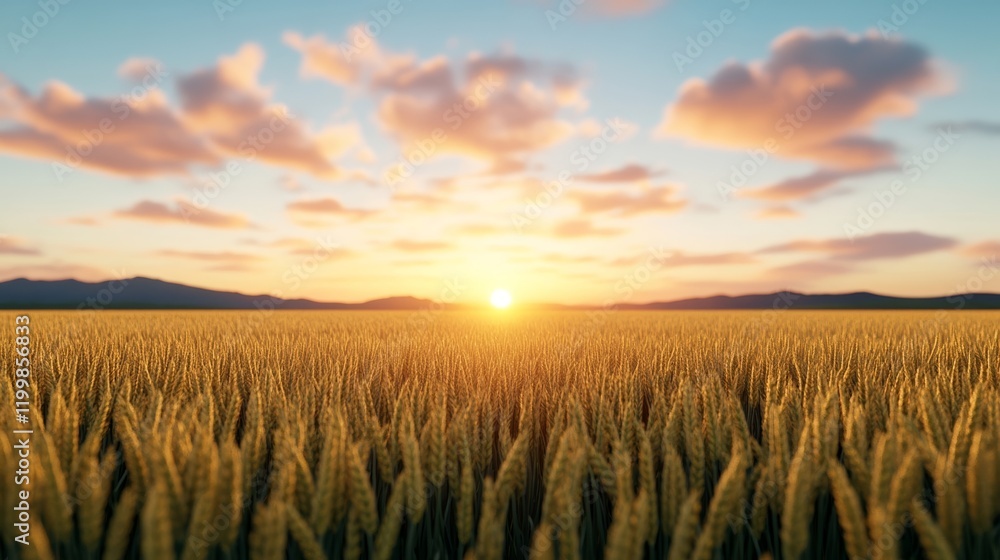 Obraz premium Realistic photo of a golden wheat field swaying gently under a soft pastel sunset sky with glowing atmospheric light creating a calm mood 