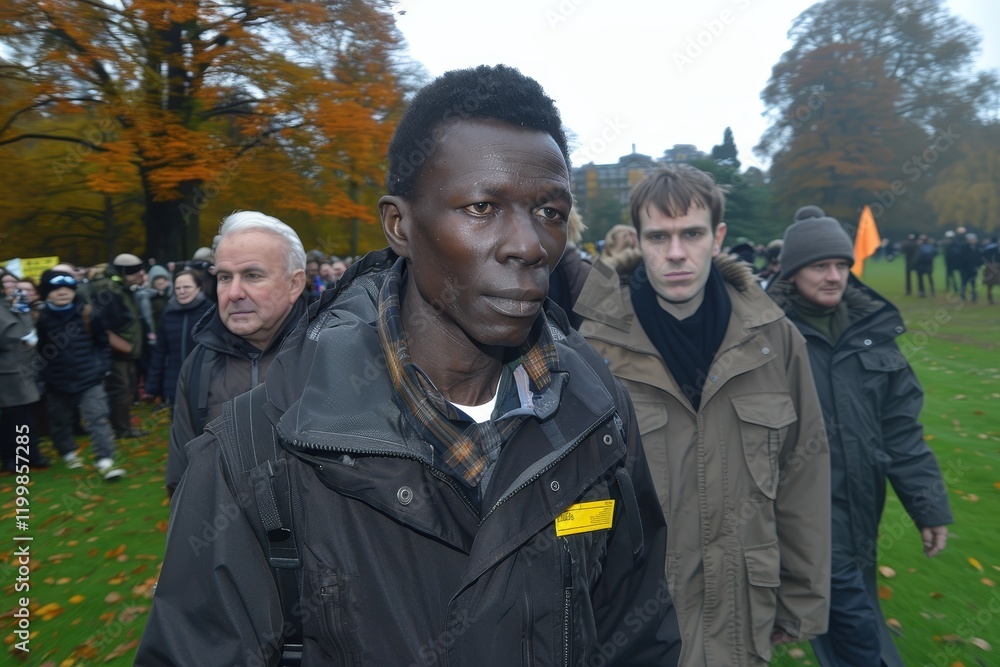 A man with a yellow sign on his jacket walks with a group of people A man with a yellow sign on his jacket walks with a group of people
