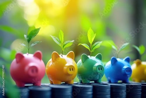 Growing savings: colorful piggy banks with plants