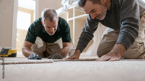 satisfied client inspecting cleaned carpet with technician, luxury home setting photo