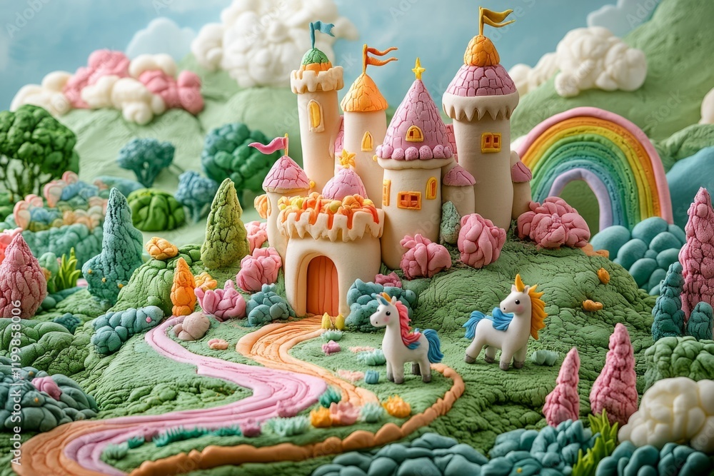 Two unicorns walking towards a beautiful clay castle, surrounded by a colorful rainbow, trees, and flowers, creating a magical fairytale landscape Two unicorns walking towards a beautiful clay castle, surrounded by a colorful rainbow, trees, and flowers, creating a magical fairytale landscape