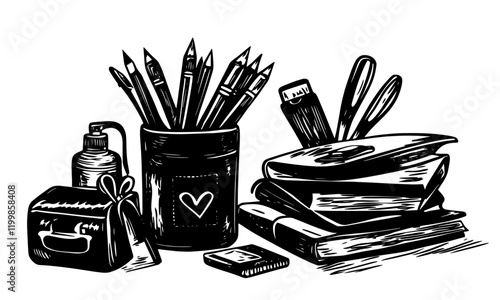 School linocut supplies, separated vector on transparent background, pencils, rubber, pen, ruler, trousse. Back to school photo