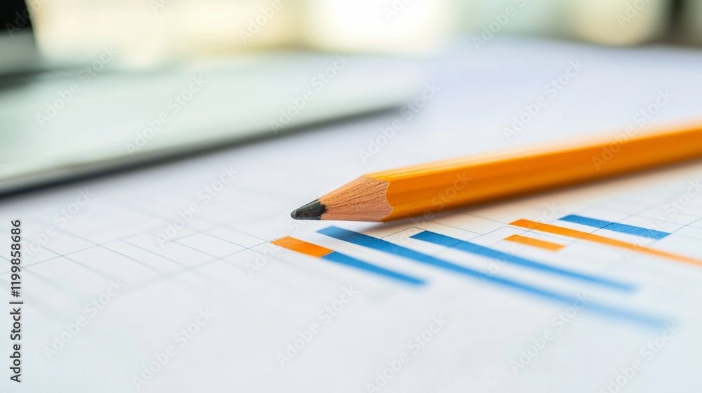 A single pencil resting on a graph paper sheet, isolated on a clean desk, representing planning A single pencil resting on a graph paper sheet, isolated on a clean desk, representing planning