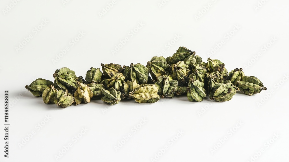 A pile of fresh cardamom pods with their textured green shells lying on a pristine white surface. Aromatic, natural, culinary, simple.
A pile of fresh cardamom pods with their textured green shells lying on a pristine white surface. Aromatic, natural, culinary, simple.