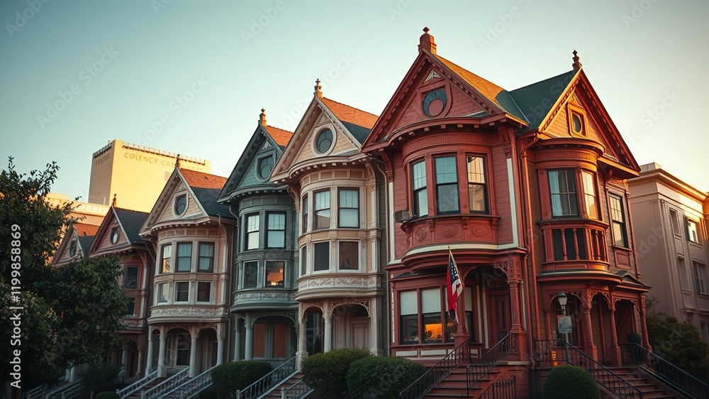 Fototapeta premium San Francisco Victorian Houses: Golden Hour Charm, Photorealistic AI Art
