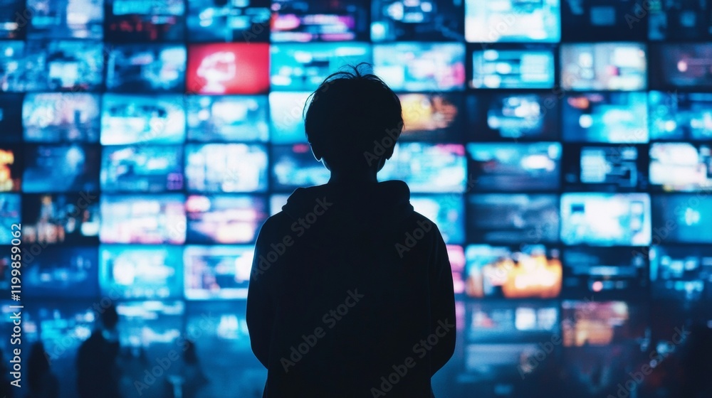 man with his back in front of many screens man with his back in front of many screens