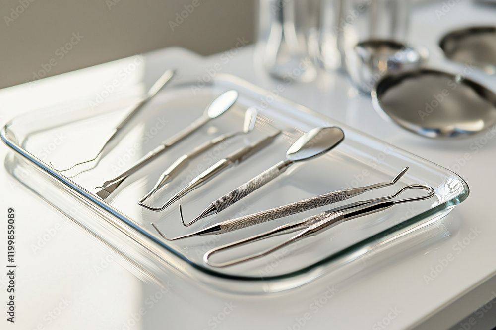 organized dental instruments on glass tray, sterilized and ready, chrome surfaces gleaming organized dental instruments on glass tray, sterilized and ready, chrome surfaces gleaming