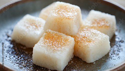 Cooked white mochi rice cakes roasted toasted baked in oven in traditional Japanese way on plate macro closeup of texture photo