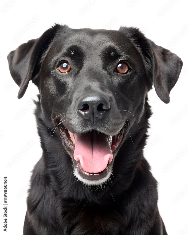 a smiling black dog posed against a white background, soft focus isolated on the transparent background