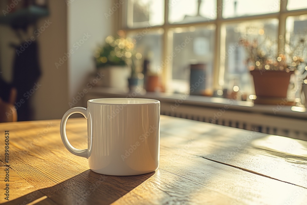 Clean white mug rests on a wooden table by a sunlit window, creating a warm and inviting atmosphere in a cozy room setting Clean white mug rests on a wooden table by a sunlit window, creating a warm and inviting atmosphere in a cozy room setting