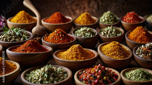 Fototapeta Naklejka Na Ścianę i Meble -  An array of vibrant spices and herbs sit in wooden spoons against a vivid backdrop, showcasing a diverse range of flavors and colors. This stunning photograph captures the essence of culinary variety 