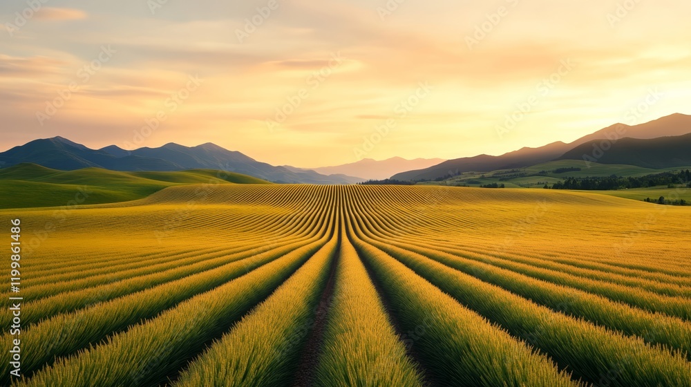 Fototapeta premium Rolling lavender fields at sunset with soft golden light gentle hills and a calm horizon evoking peaceful meditation 
