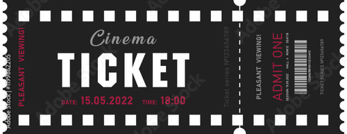 Ticket coupon for cinema on black background. Vector illustration.